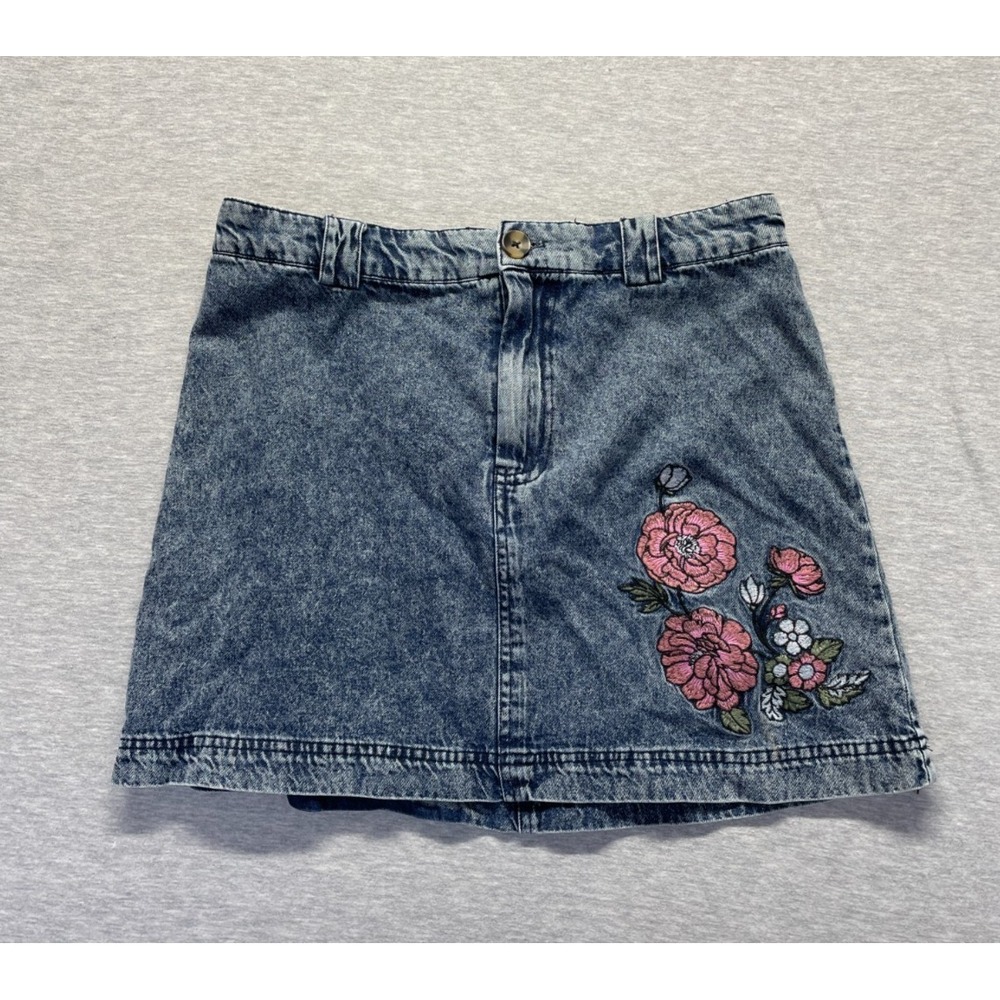 Blue Rain Mini Skirt Women's Medium Blue Denim Embroidered Floral High Waisted